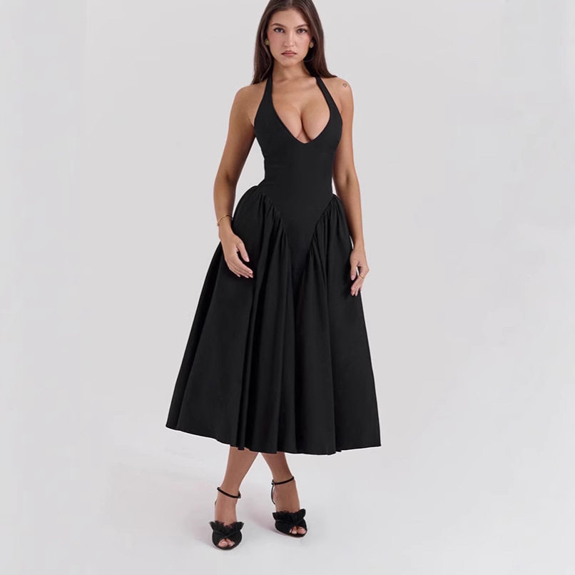 Deep V Neck Halter Backless Dress Slim Fit Elegant Style High Quality Fabric Perfect for Evening Events OEM