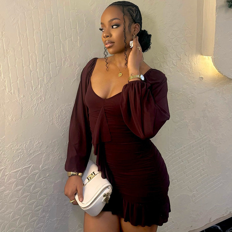Casual Womens Dress Solid Color Ruffled Hem U Neck Long Sleeve Bodycon Fit Perfect for Parties or Everyday Wear
