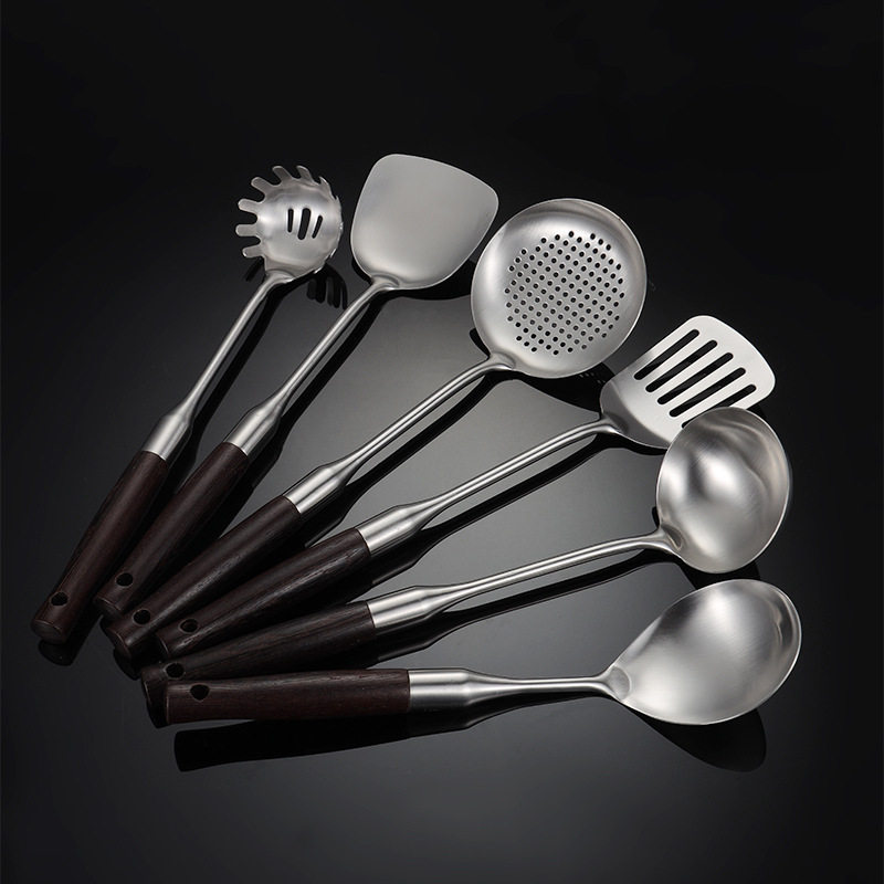 304 Stainless Steel Kitchen Cooking Tools Chicken Wing Wood Handle Cooking Spoon Spatula Pot Spoon Household Multi-Piece Gift Set
