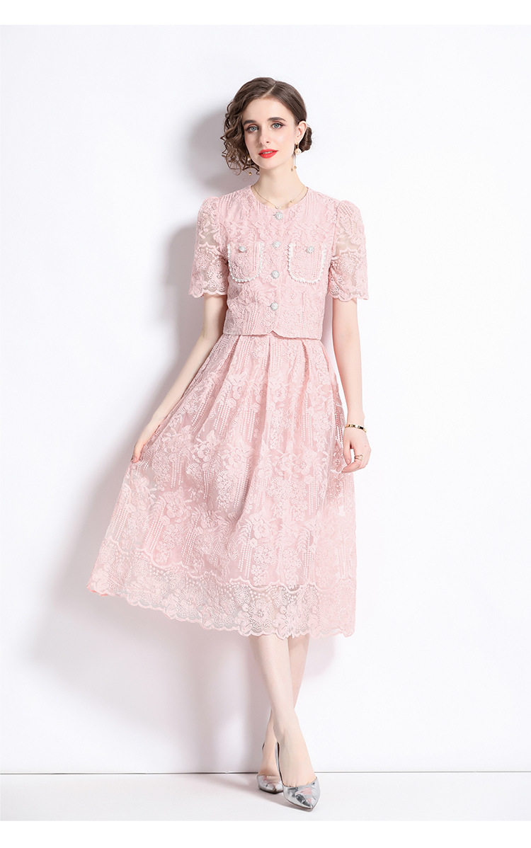 Elegant Womens Two Piece Set French Lace Puff Sleeve Blouse High Waisted Slim Skirt Perfect for Formal Occasions
