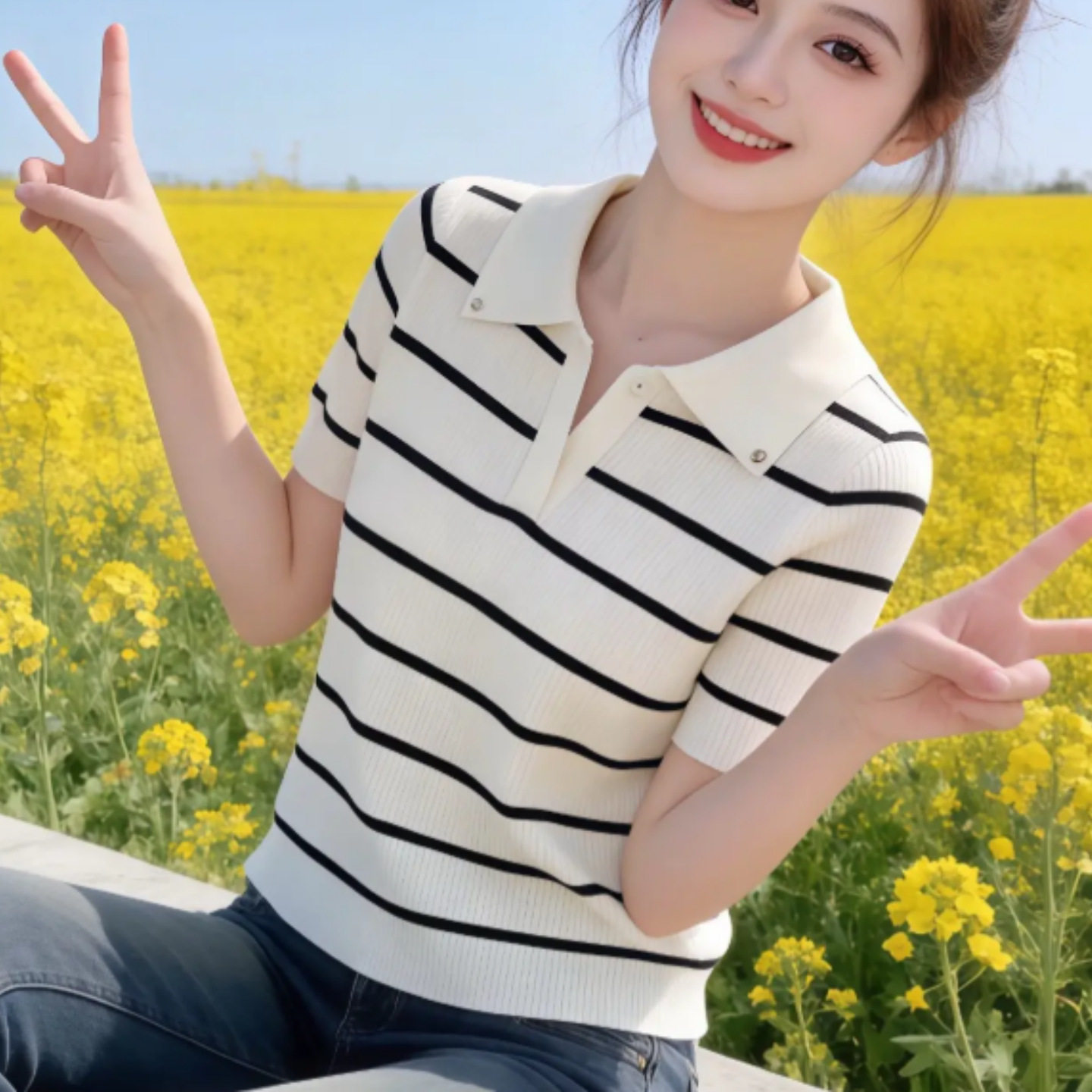 韩版时尚条纹拼接翻领短袖针织衫2026夏季新款超好看减龄穿搭上衣