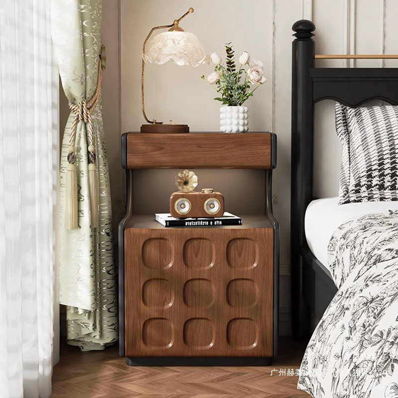 Solid Wood Mid-Century Style Bedside Table Safe Integrated Storage Cabinet Bedroom Simple Modern Bedside Cabinet with Password Lock