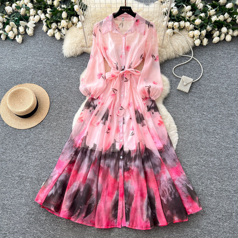 Tie Dye Gradient Print Dress Long Sleeve Waist Defined A Line Elegant Style Autumn Casual or Vacation Wear