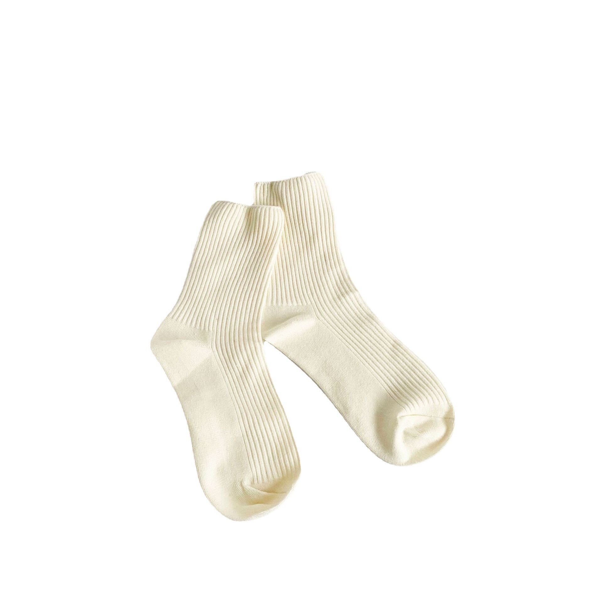 跨境袜子女暖色竖条中筒袜日系奶茶纯色堆堆袜秋冬简约日抛丢丢袜