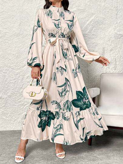 Modelyn Womens Floral Print Stand Collar Lantern Sleeve Ruf
