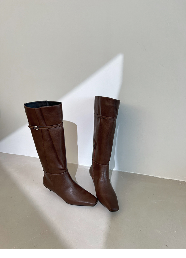 Boot nữ cổ cao mũi vuông gót xuồng da bò khóa kéo bên hông — Lớp lót đơn màu đen, Lớp lót đơn màu nâu, Lót nhung đen, cần đặt làm riêng., Lót nhung màu nâu, cần đặt làm riêng.