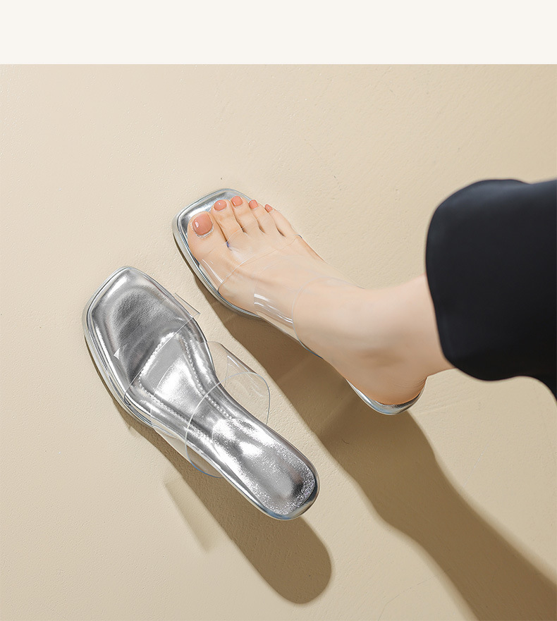 Dép sandal nữ quai ngang trong suốt gót pha lê 7cm 9cm — Bạc 7cm, Bạc 9cm, Màu trắng nhạt 9cm, Mơ 7cm