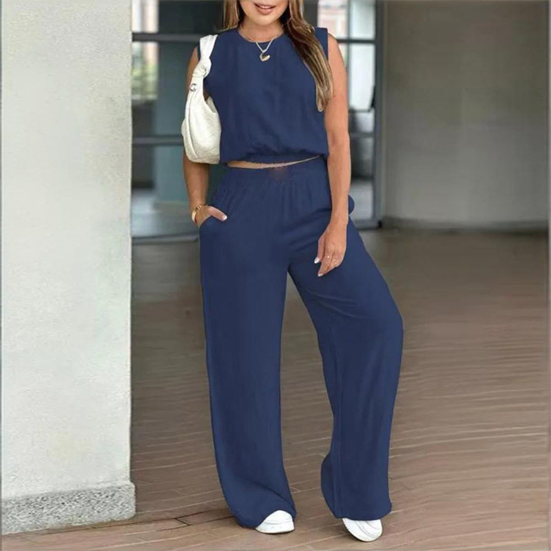 Womens Summer Outfit Set Sleeveless Top Straight Leg Pants Casual Style Perfect for Everyday Wear Wholesale