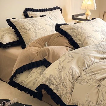 French Corduroy Bed Four-Piece Set Coral Milk Velvet 2024 New Bed Bed Sheetss Accessible Luxury Quilt Cover Autumn and Winter Bedding