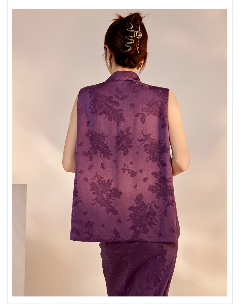 Set áo gilê và chân váy in hoa tím chất liệu sợi viscose — Áo gilê, Váy nửa