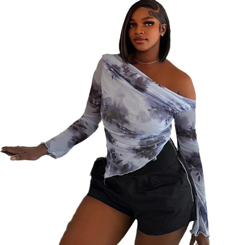 Tie Dye Off Shoulder Long Sleeve T Shirt Irregular Print Trendy Design Casual Style Wholesale Available