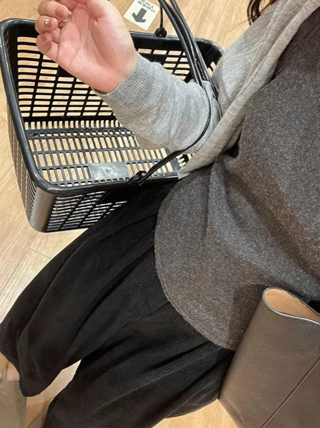 Corduroy Casual Pants for Pregnant Women in Spring and Autumn, Fleece-Lined Loose Plus-Size Slimming Maternity Straight-Leg Granny Pants for Autumn and Winter