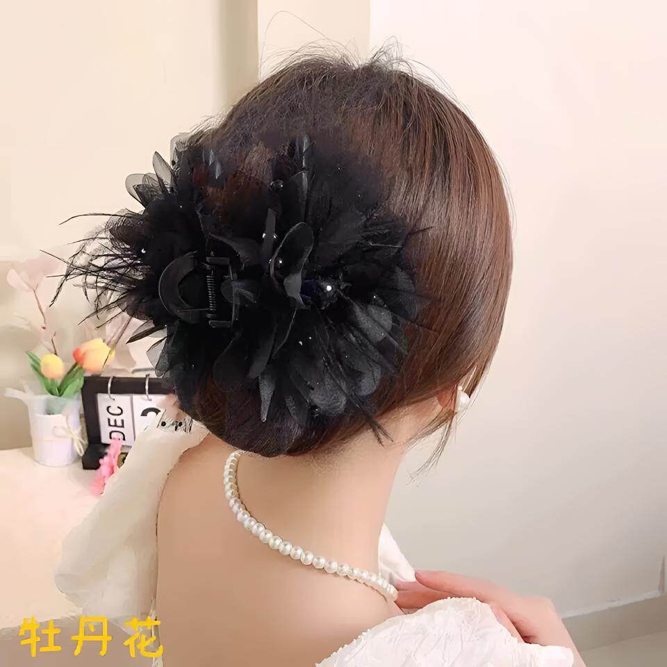 牡丹花羽毛抓夹女高颜值轻奢时尚鲨鱼夹百搭复古通勤流苏花朵夹子