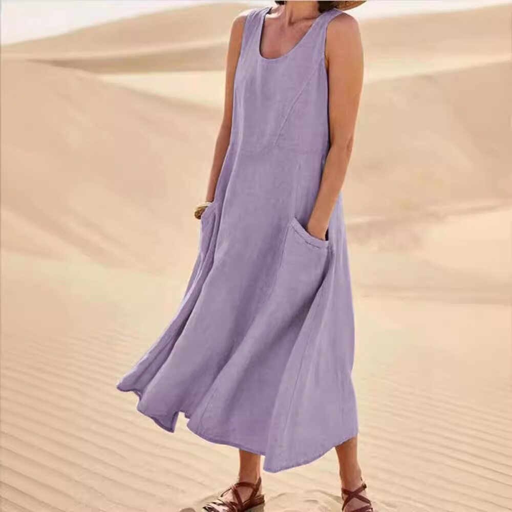 Summer Womens Cotton Linen Dress Sleeveless Round Neck Pocket Design Casual Wear for Everyday Use Wholesale