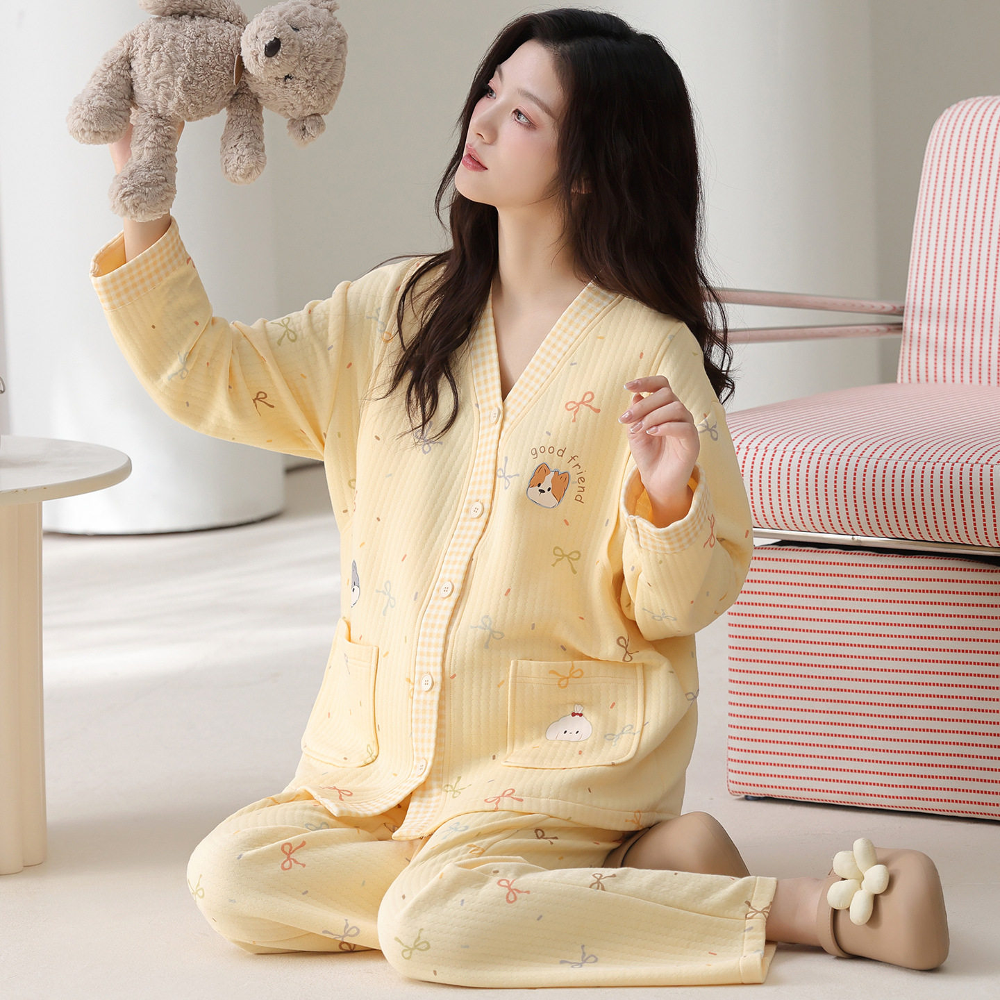 Pure Cotton Maternity Pajamas, Winter Outer Wear, Air Cotton Nursing Pajamas, Home Clothes, Confinement Clothes, Winter Maternity Breastfeeding Two-Piece Set