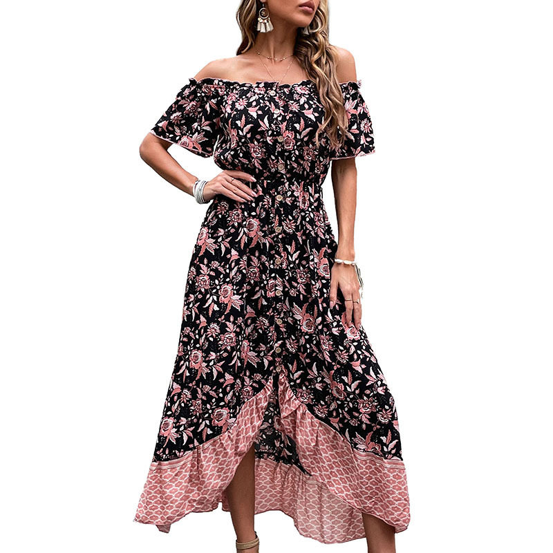Vintage Floral Print Off Shoulder Dress Summer Style European and American Design Perfect for Casual Outings