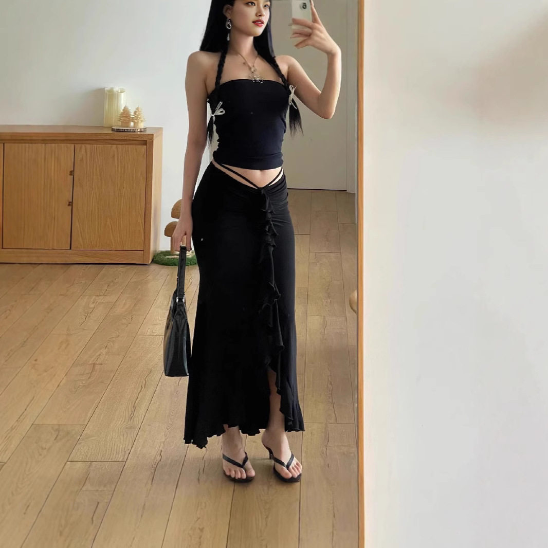 French Style Ruffled Hem Midi Skirt Low Waist Pleated Design Elegant Fit Perfect for Autumn Fashion Wholesale