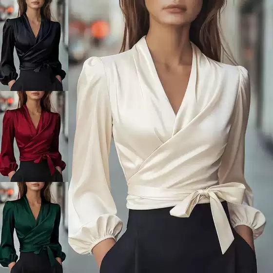 European and American Amazon Independent Site Foreign Trade Cross-Border Women's Clothing New Style V-Neck Elegant Satin Tie-Waist Top for Women