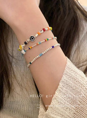 多巴胺女孩！彩色串珠笑脸珍珠手链女轻奢小众精致设计感闺蜜首饰