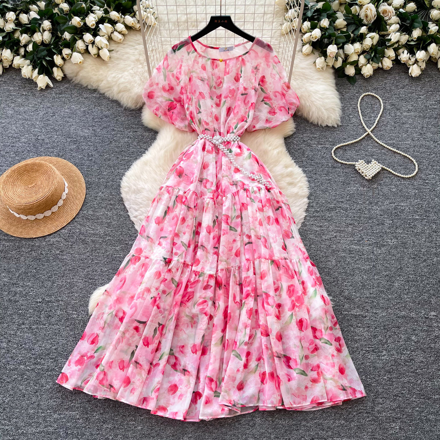 French Style V Neck Floral Dress Short Sleeve Waist Defining A Line Silhouette Summer Vacation Wear Wholesale