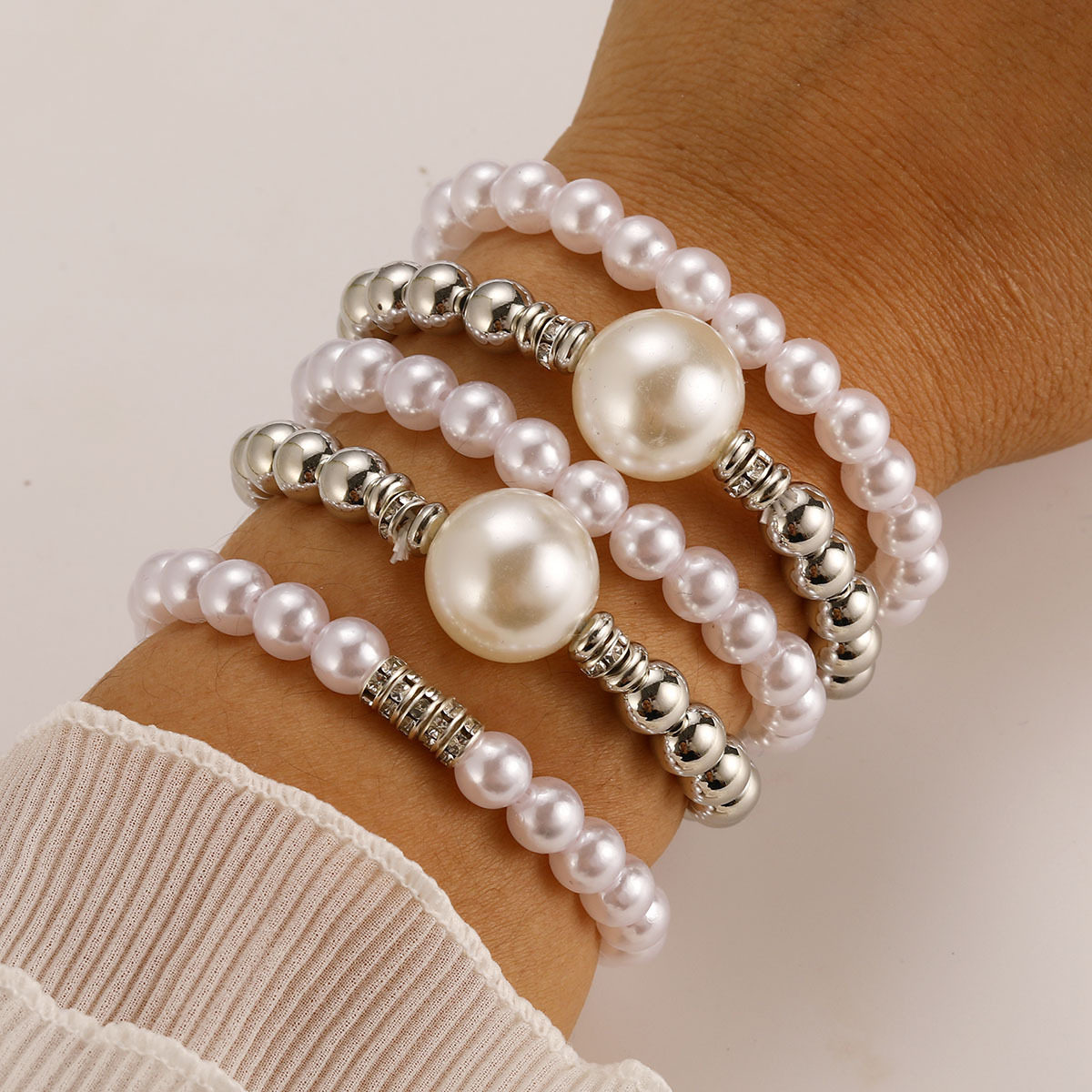 European and American Cross-Border New Fashion Exaggerated Imitation Pearl Ball Bracelet 5-Piece Stackable Creative Hand Jewelry Set