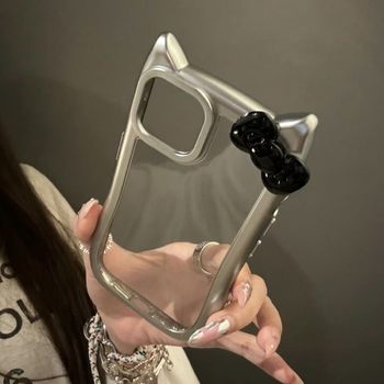 Electroplated silver cat ear apple 16/15/14/13promax phone case 12/11 soft xr/xs electroplated silver frame 8p