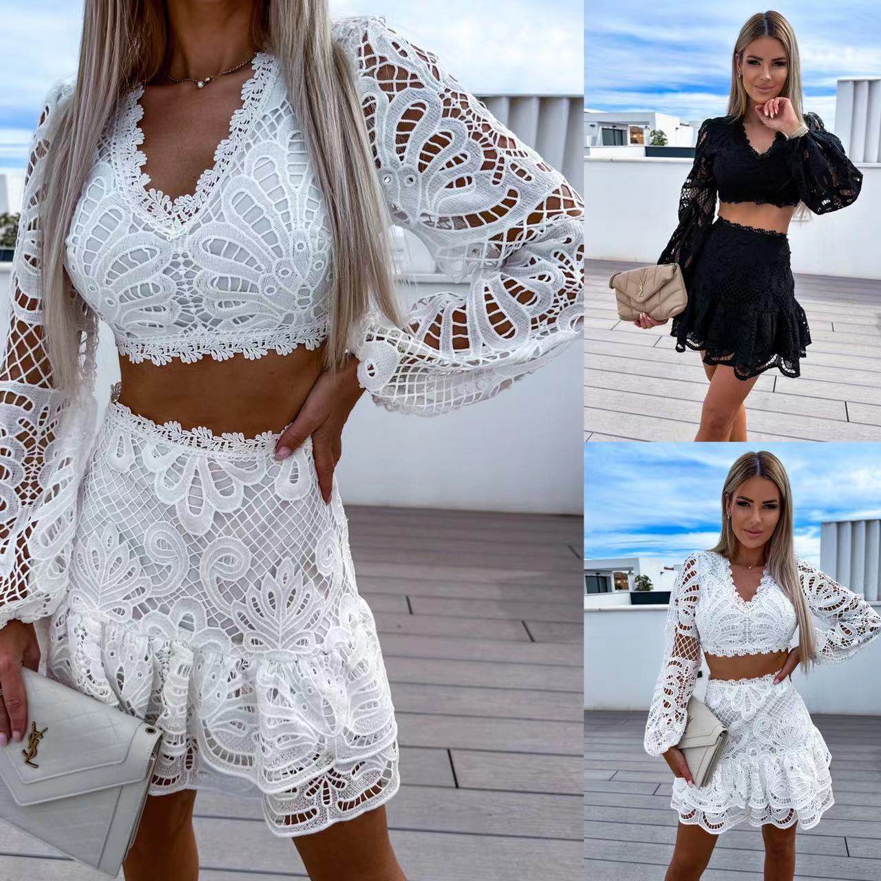 European and American Cross-Border 2024 New Foreign Trade Independent Station Amazon Elegant Work Clothing Cut Out Lace Fashion Embroider Set
