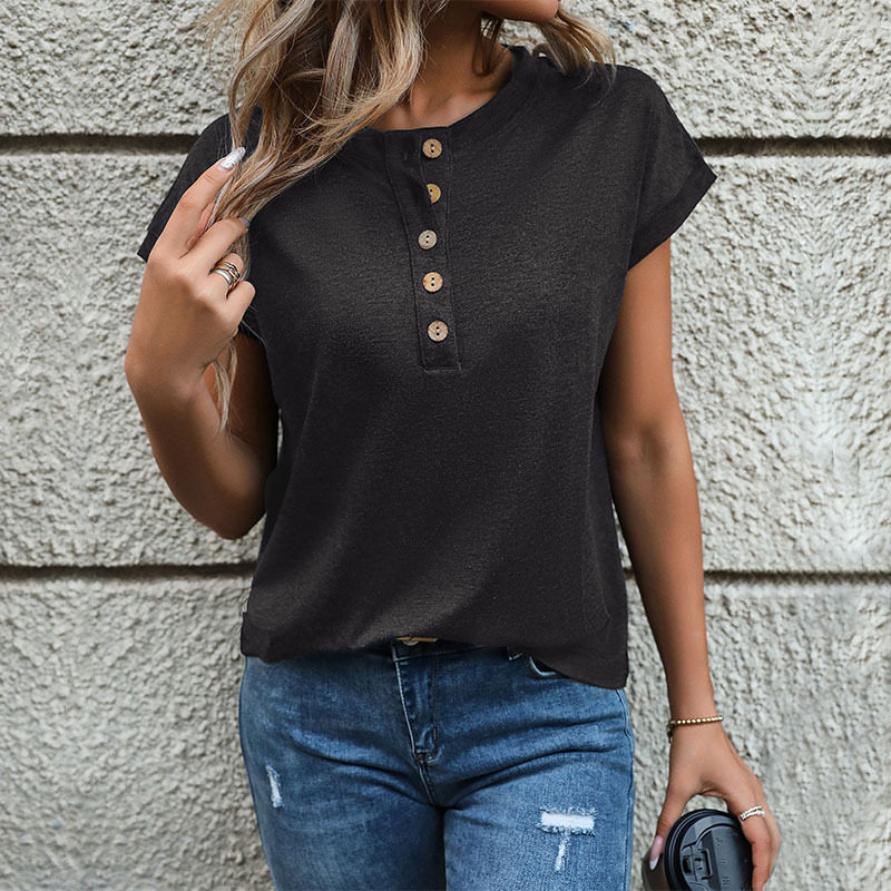 Casual Short Sleeve T Shirt for Women Round Neck Button Front Solid Color Versatile Everyday Wear Wholesale