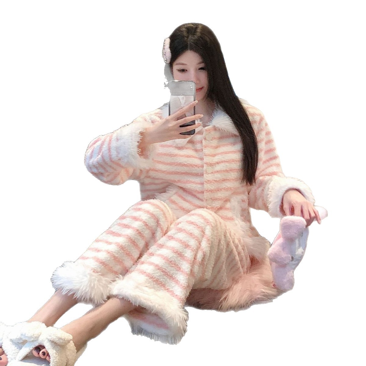 毛绒睡衣秋冬季新款珊瑚绒睡衣女甜美风加厚双面绒家居服套装