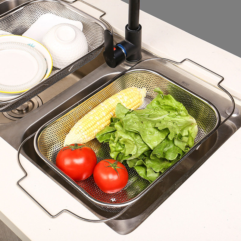 Stainless steel dense hole multi-purpose basket dense hole basket multi-purpose drain basket fruit basket binaural rice sieve rice washing basin telescopic basin