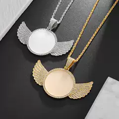 European and American Commemorative Round Wings Photo Frame Mirror Pendant Environmentally Friendly Alloy Jewelry Micro-Paved Zircon Light Luxury Necklace Wholesale