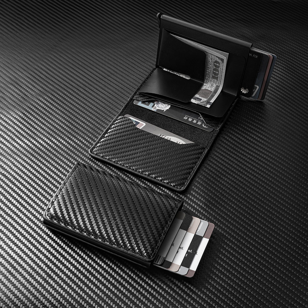 Factory Spot Wholesale Men's Wallet Carbon Fiber Aluminum Alloy Card Holder European and American Automatic Card Buckle Card Holder