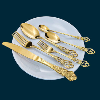 Cross-border 410 stainless steel spoon Fork relief European Imperial Court titanium gold-plated 6-piece tableware Western-style knife, fork and spoon set