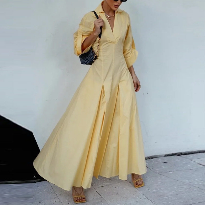 Womens Summer Dress Elegant Solid Color V Neck Pleated Design Perfect for Casual or Formal Occasions Wholesale