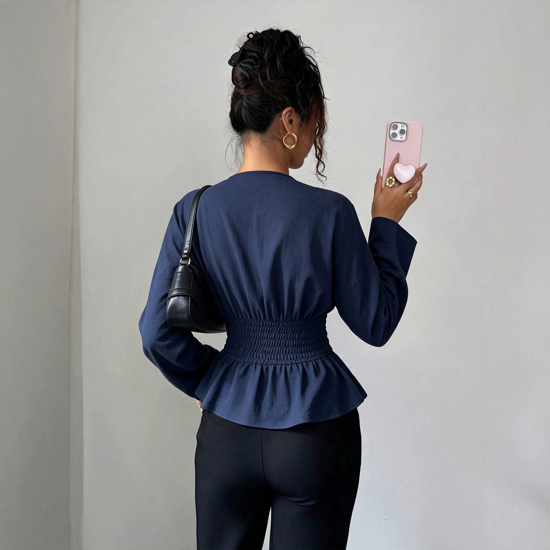 Womens V Neck Peplum Top Slim Fit Long Sleeve Ruffle Hem Fall Winter Fashion Wholesale Available