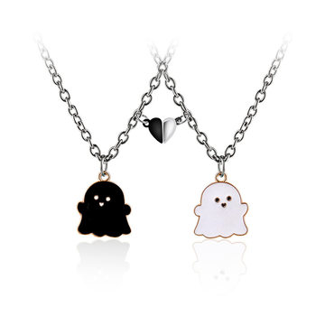 Black and White Ghost Cartoon Necklace Halloween Gift Jewelry Magnetic Brushstone Pendant Personalized Couple Stainless Steel Necklace