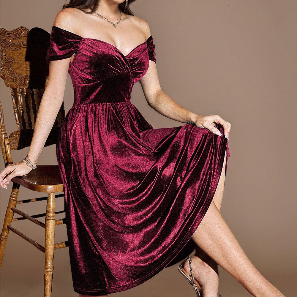 Burgundy Velvet Off Shoulder Maxi Dress Elegant Flare Skirt Evening Gown Perfect for Parties Wholesale Available