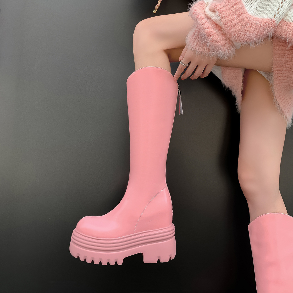 Boot nữ cổ cao da bò đế dày tăng chiều cao, khóa kéo sau, dáng ôm chân — Lớp lót đơn màu đen 12cm, Lớp lót đơn màu đen 15cm, Lớp lót đơn màu hồng 12cm, Lớp lót đơn màu hồng 15cm