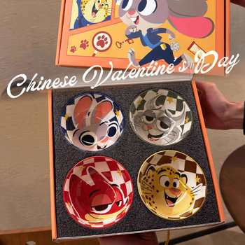 Zootopia Cartoon Animal Ceramic Bowl Gift Box Set of 4 Cute Tableware Set Creative Gift Dessert Bowl