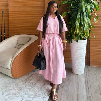 European and American Lapel Striped Short-Sleeved Cardigan Shirt High-Waist Slim Strap Skirt African New Fashion Two-Piece Set