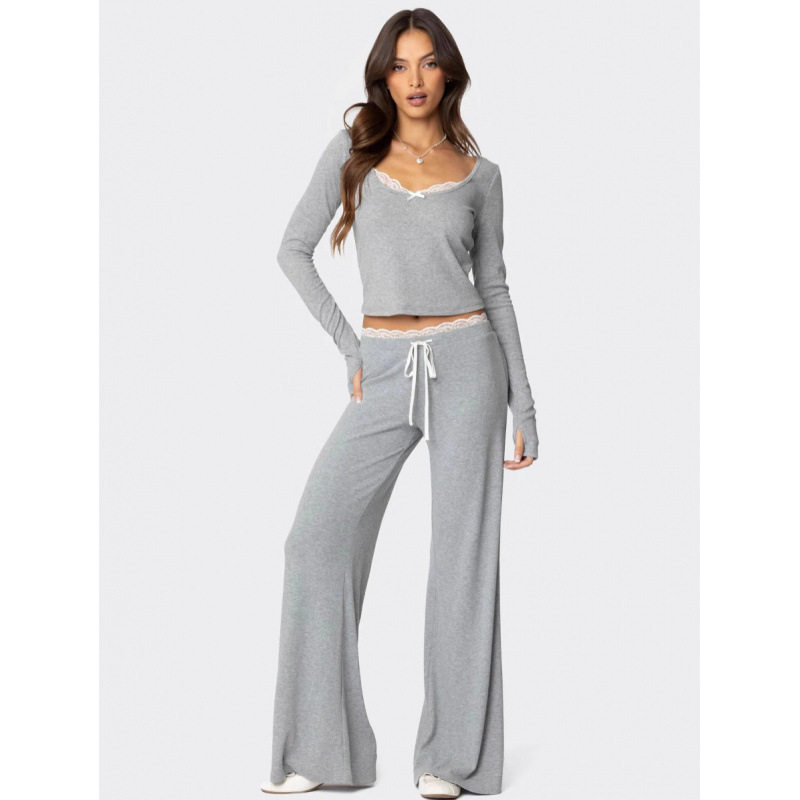 Amazon's Popular Lace Splicing Home Two-Piece Slim Square Neck Knitted Short Set Women's Multi-Color Casual Suit