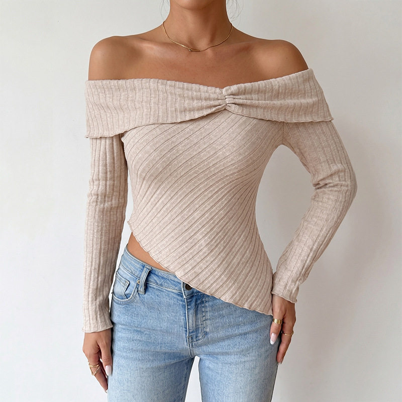 Off Shoulder Top Sweet and Elegant Style Solid Color Ribbed Texture Lightweight Fabric Wholesale Available