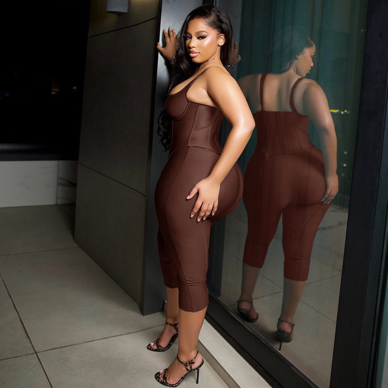 Womens Solid Color Jumpsuit Set Halter Neck Backless Slim Fit Three Quarter Length Casual Chic for Summer