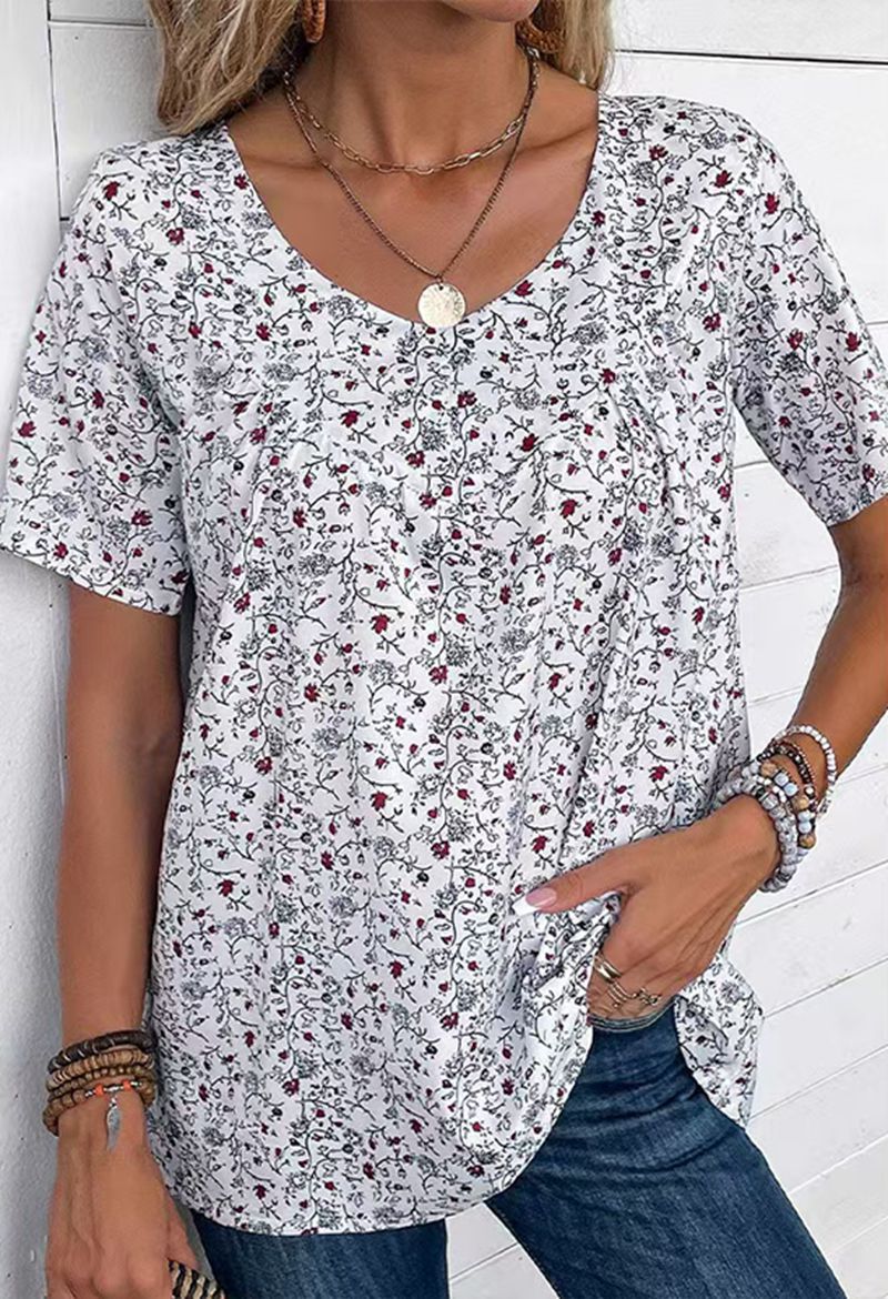 Elegant Floral Print V Neck Short Sleeve Blouse Summer Style Perfect for Casual Outings Wholesale Available