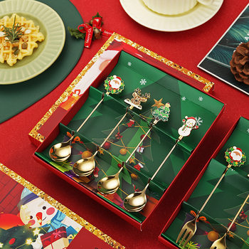 Cross-Border New Christmas Tableware Gift Box Stainless Steel Spoon and Fork Set Creative 304 Dessert Spoon and Fork Christmas Gift