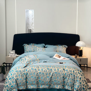 Light Luxury and High-End Feel, Skin-Friendly Cotton Brushed Four-Piece Set, European-Style Floral Embossed Print Duvet Cover, Fitted Sheet, Bedding Set 4