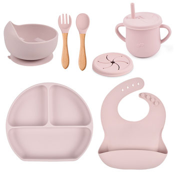 7-Piece Baby Tableware Set Silicone Bowl Smiley Face Plate Bib Baby Bowl Divided Plate Spoon Fork Cup Set