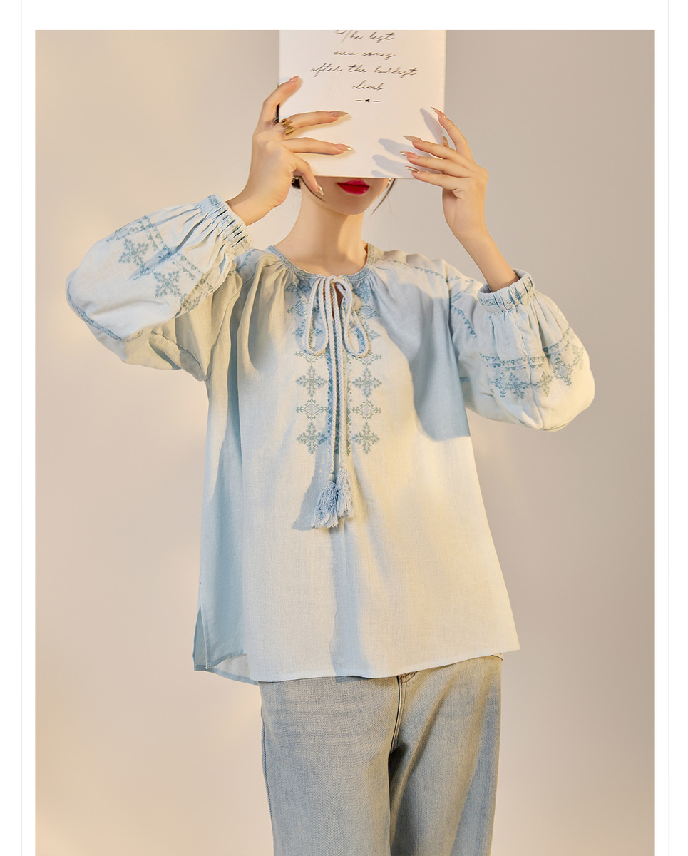 Áo sơ mi nữ linen dài tay thêu họa tiết dáng rộng — Màu trắng be, Màu xanh đậm, Màu xanh lam nhạt