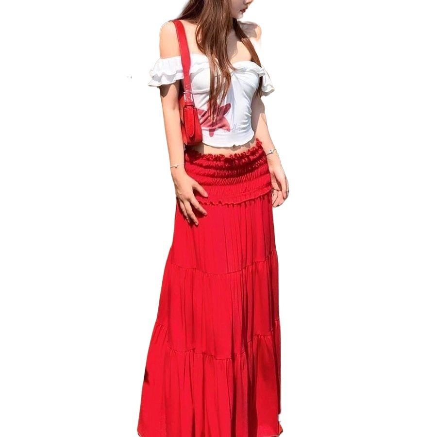 Summer Women's Suit 2025 New Style Top, One-Piece Slim-Fitting Red High-Waisted Skirt Two-Piece Set
