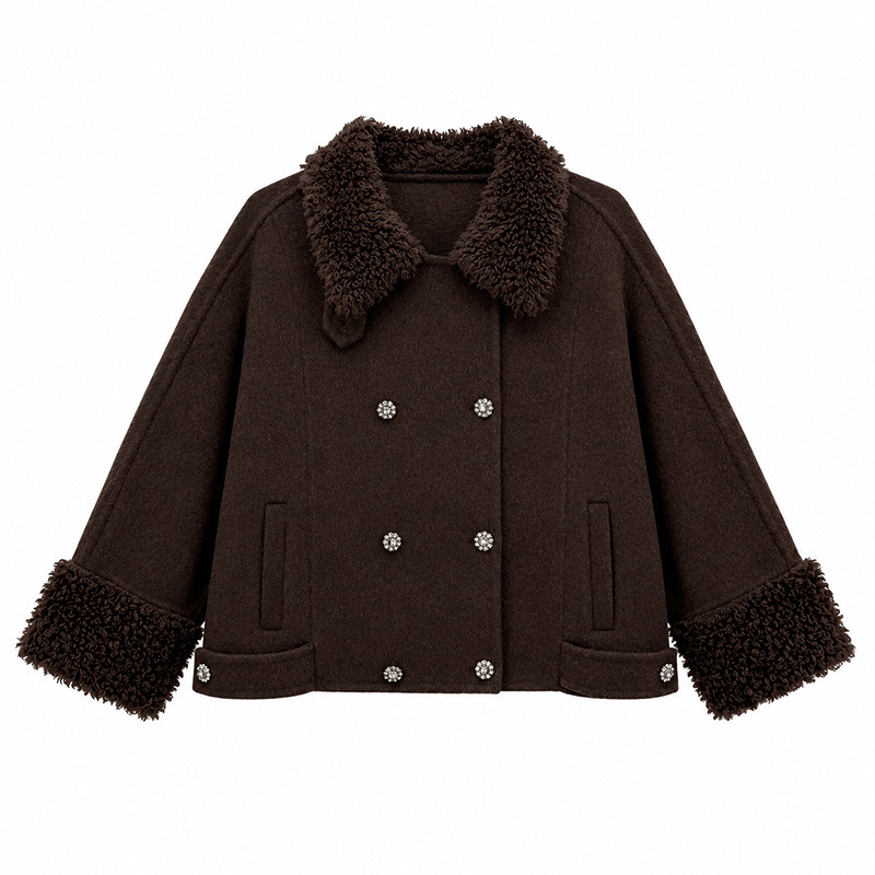 Áo khoác dạ len nữ cổ tròn hai hàng khuy viền lông — Màu cà phê (7 ngày)